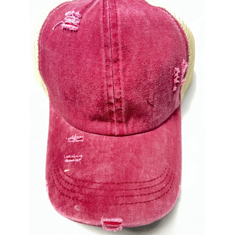 Pink Distressed Ponytail Trucker Hat‎ Mesh Back Criss Cross Messy Bun Cap Washed